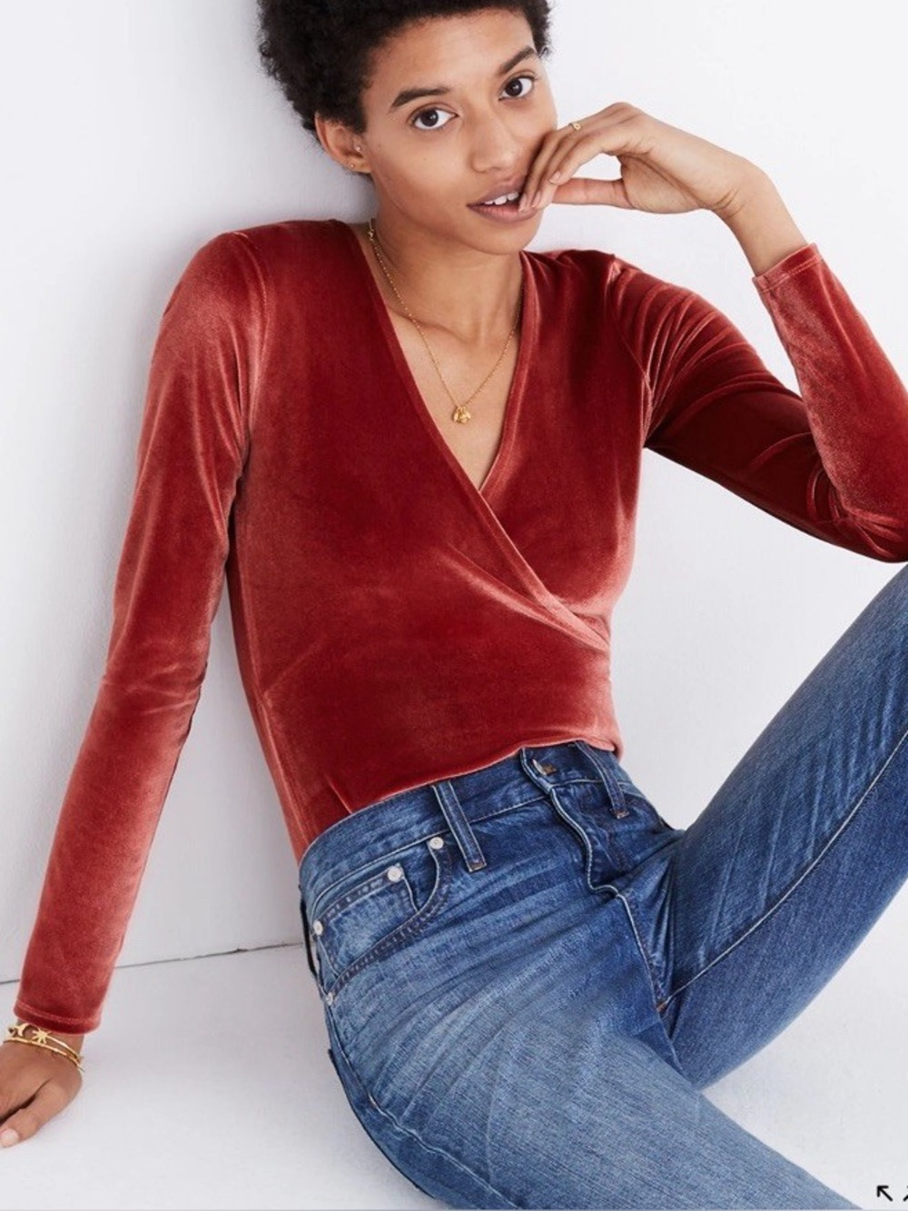 Madewell Rust Velvet Wrap Bodysuit - Women